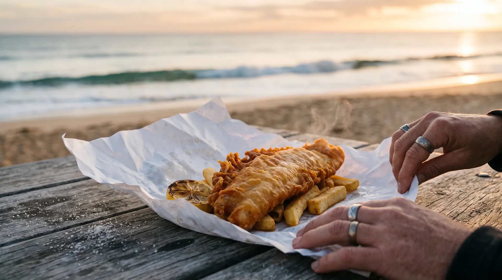 Battered fish and chips unwrapped from white paper on a timber table by the beach